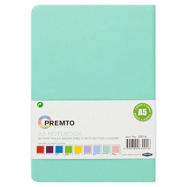 ■ Premto - A5 192 Page Hardcover Pu Notebook With Elastic - Mint Magic