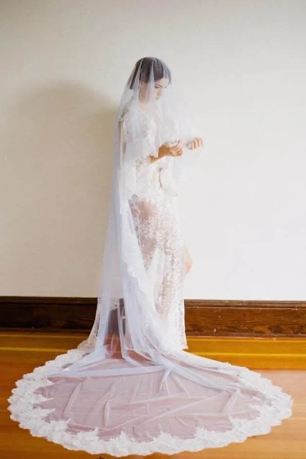 1T Tulle with Lace Wedding Bridal Veil Cathedral Length APWV0017