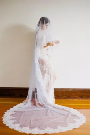 1T Tulle with Lace Wedding Bridal Veil Cathedral Length APWV0017