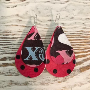 2 Layer XO Polka Dot Pink Faux Leather Earrings