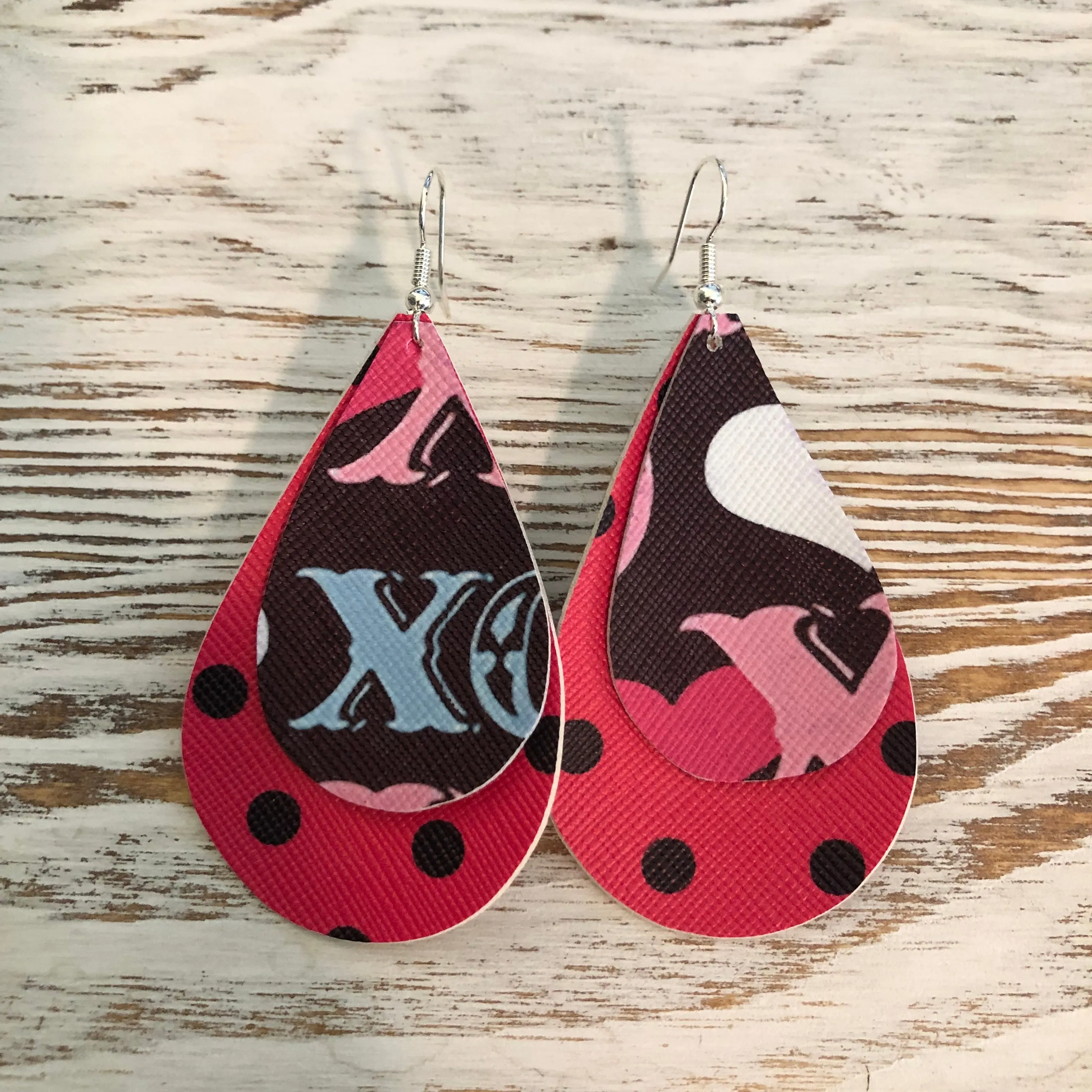 2 Layer XO Polka Dot Pink Faux Leather Earrings