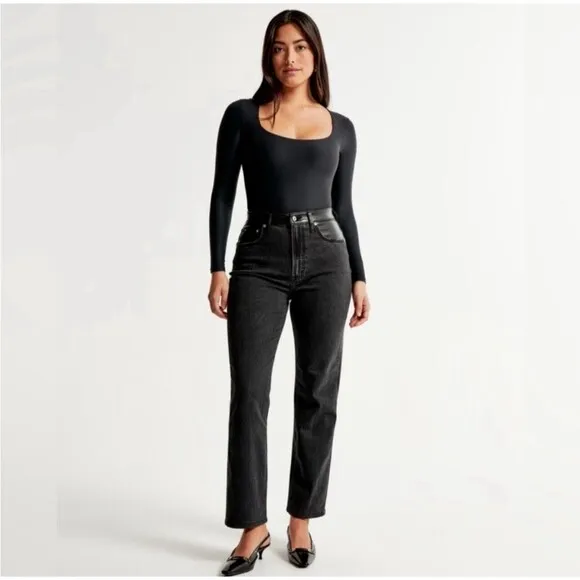 Abercrombie &amp; Fitch Ankle Straight Ultra High Rise Denim Faux Leather Sz 34/18
