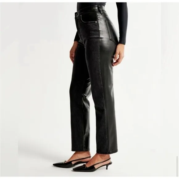Abercrombie &amp; Fitch Ankle Straight Ultra High Rise Denim Faux Leather Sz 34/18
