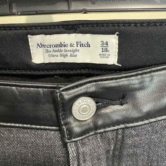 Abercrombie &amp; Fitch Ankle Straight Ultra High Rise Denim Faux Leather Sz 34/18