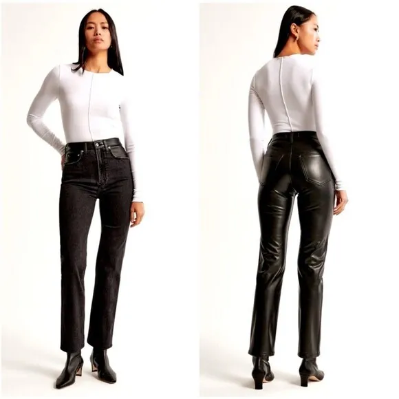 Abercrombie &amp; Fitch Ankle Straight Ultra High Rise Denim Faux Leather Sz 34/18