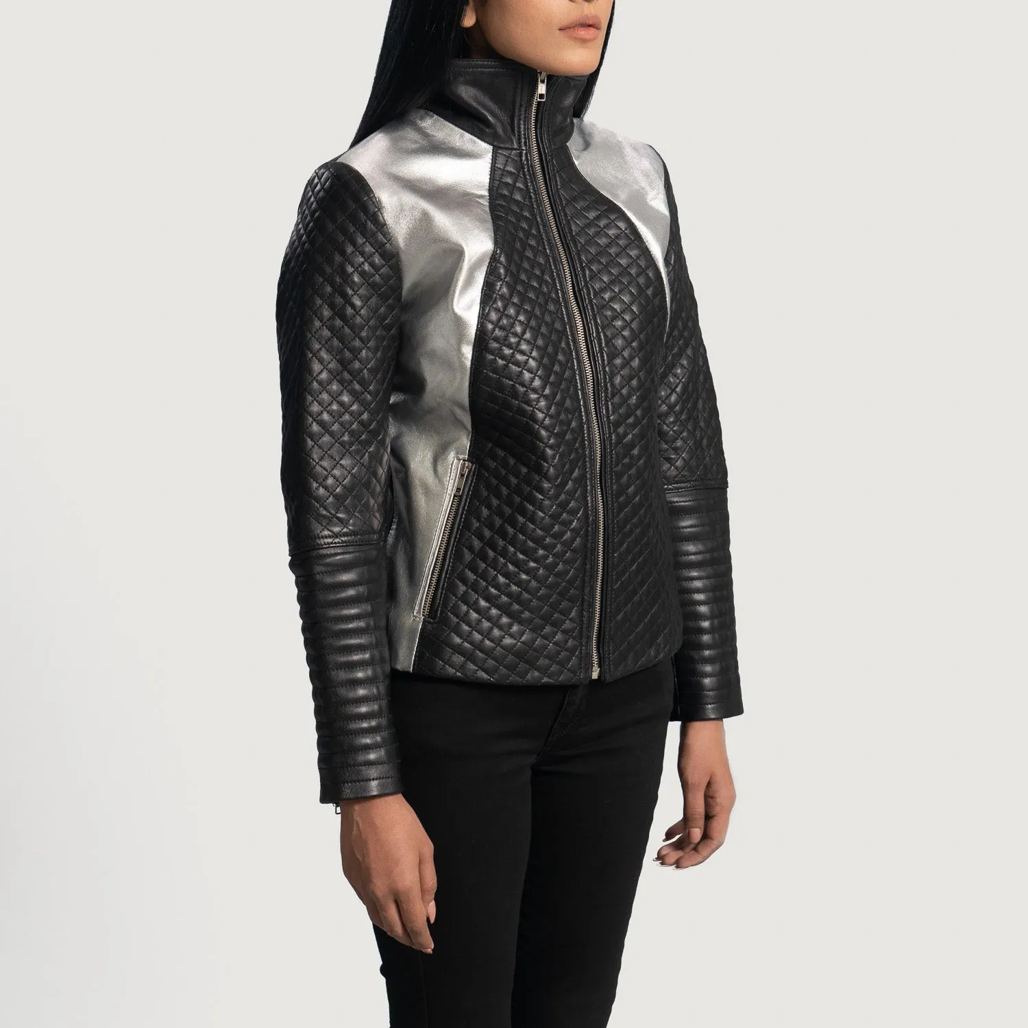 Ally Metallic Black Leather Biker Jacket