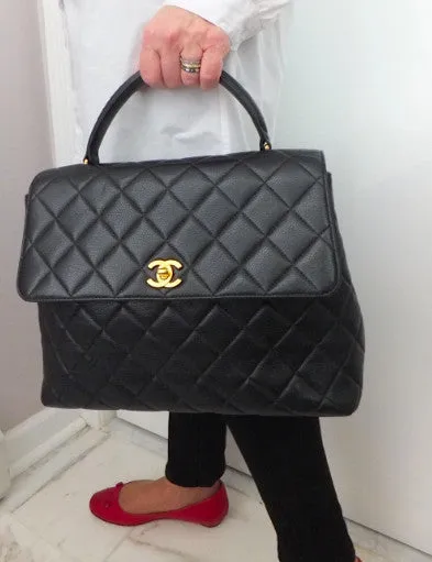 Authentic Chanel Jumbo Quilted Black Caviar Kelly Bag