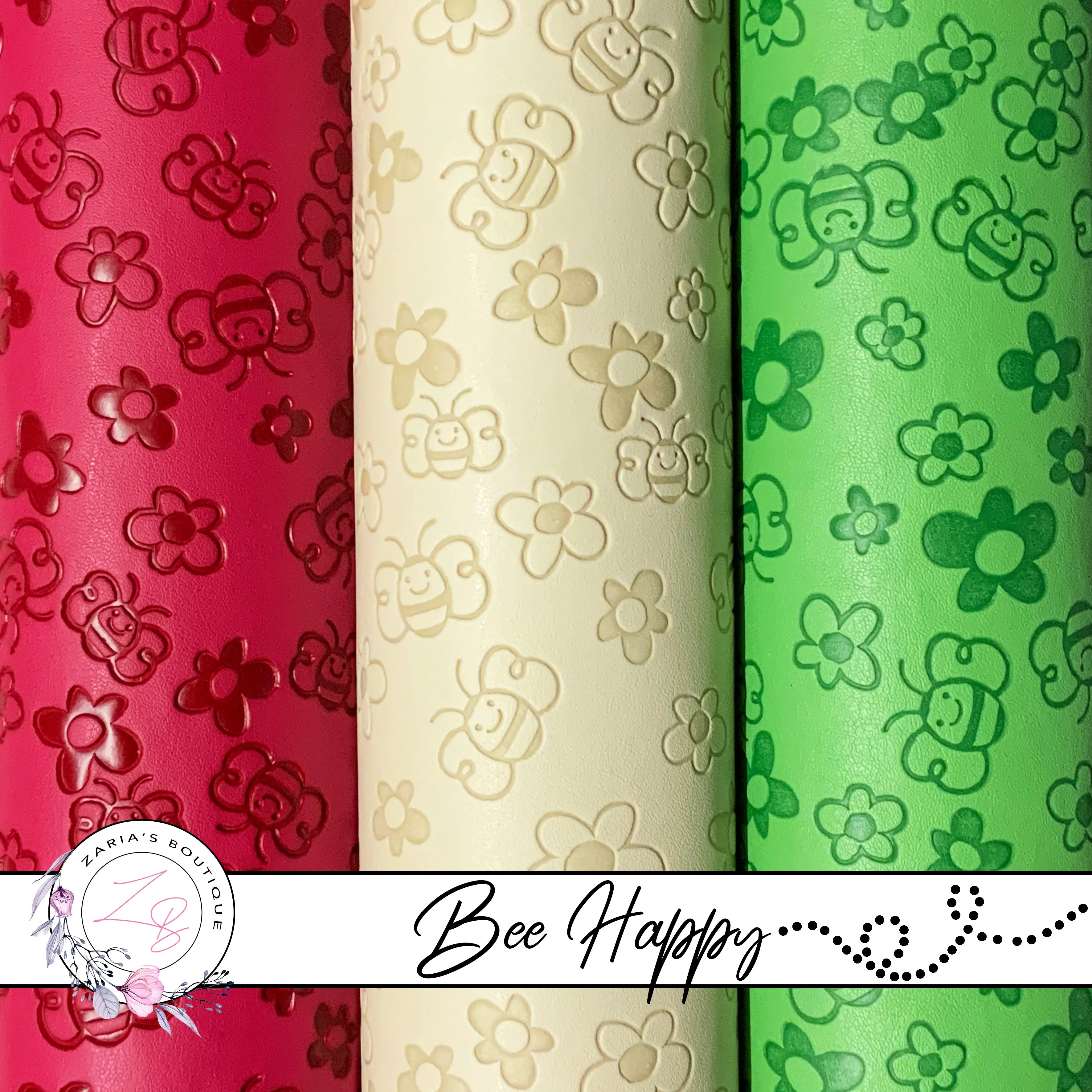 Bee Happy ~ Embossed Faux Leather ~ Rosy Red ~ Green ~ Ivory