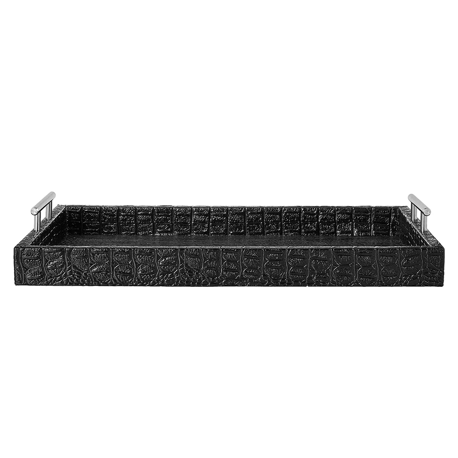 Black Alligator Leather Tray with Handles - 18.9x14.1x2.95" Elegant Serving Tray