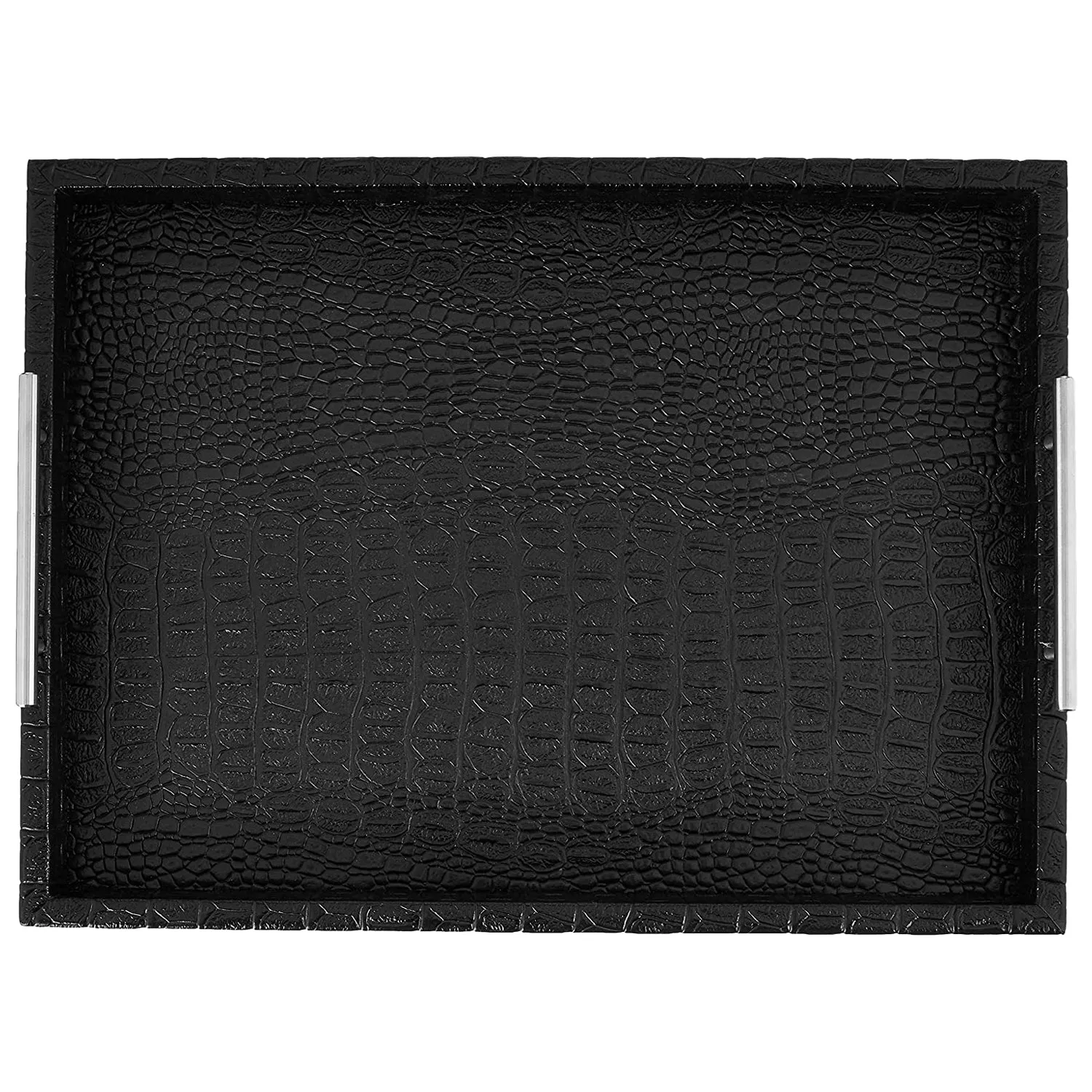 Black Alligator Leather Tray with Handles - 18.9x14.1x2.95" Elegant Serving Tray