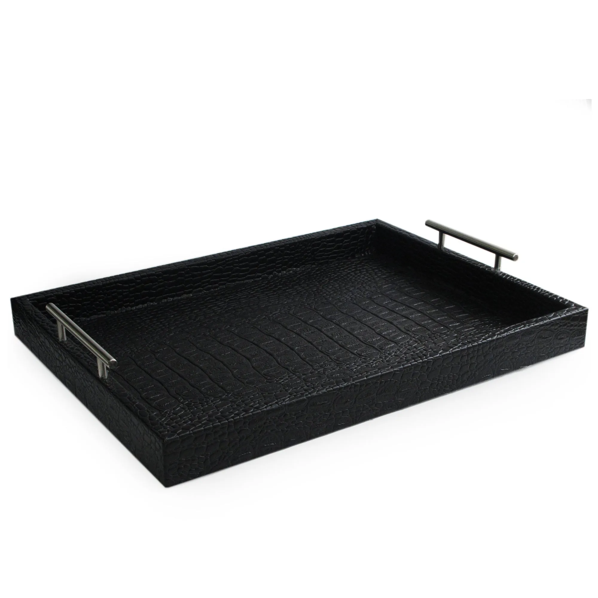 Black Alligator Leather Tray with Handles - 18.9x14.1x2.95" Elegant Serving Tray