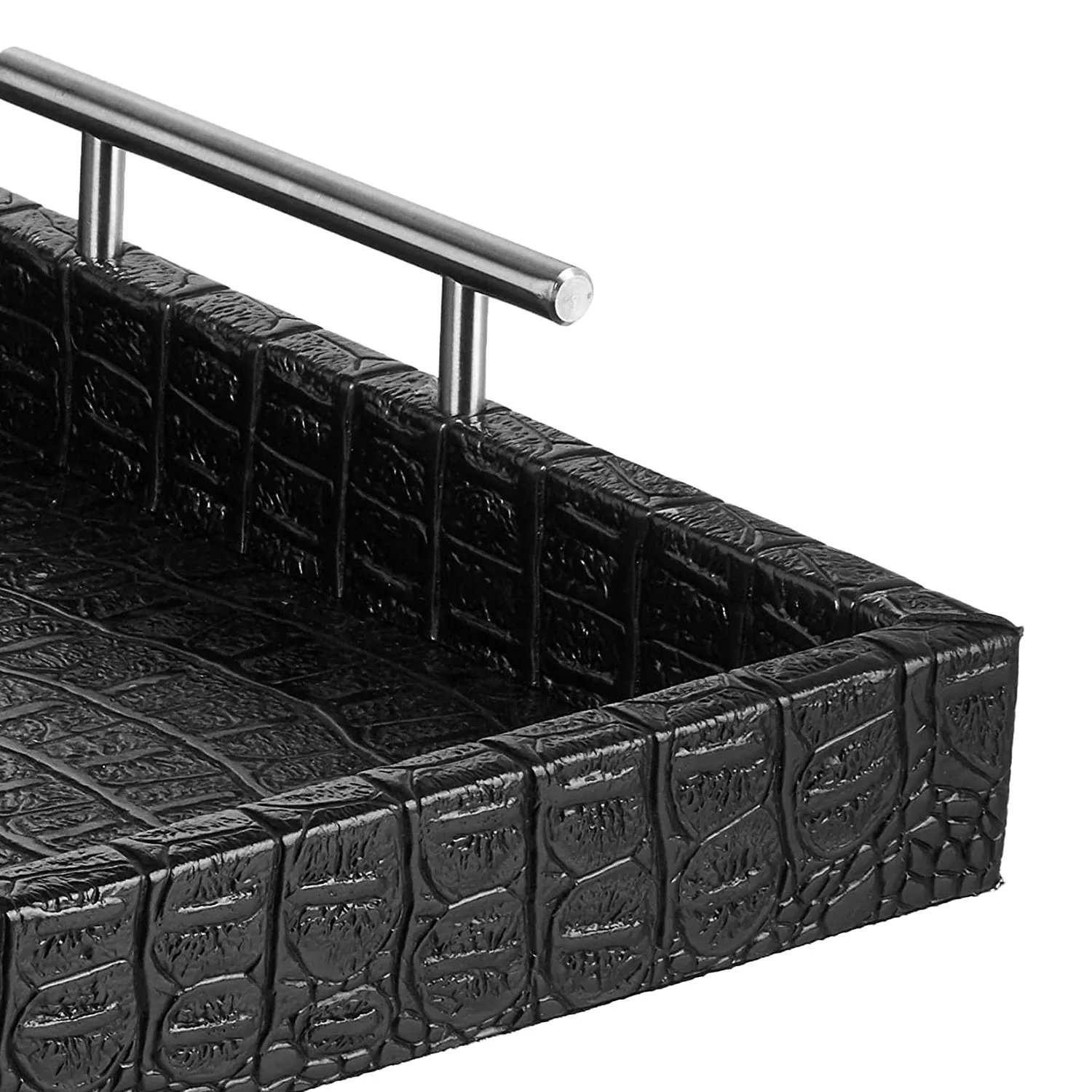 Black Alligator Leather Tray with Handles - 18.9x14.1x2.95" Elegant Serving Tray