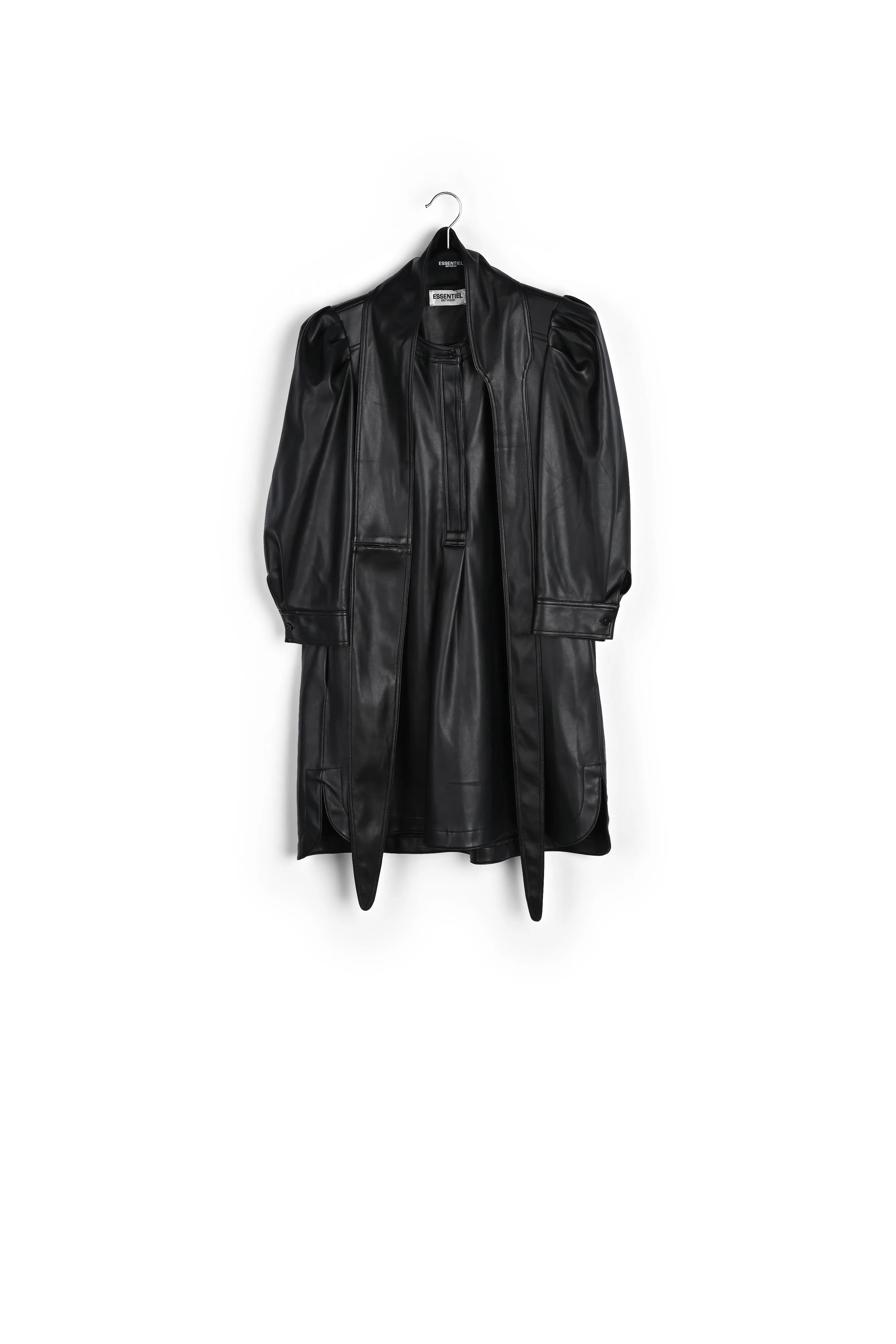 Black faux leather belted mini dress