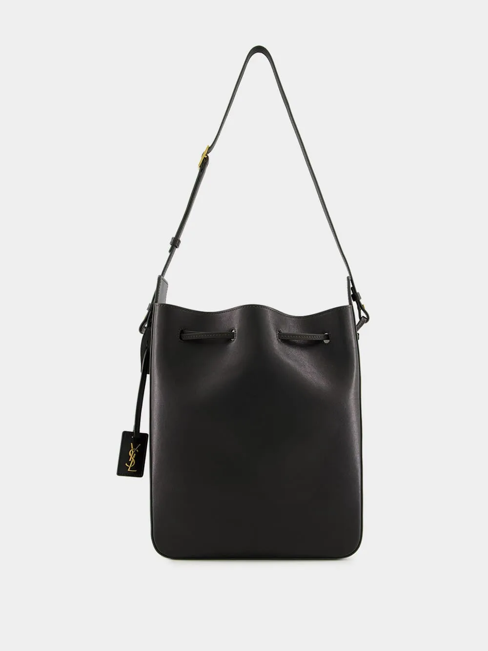 Black Leather Large Bucket Bag with Cassandre Charm