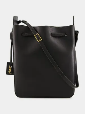 Black Leather Large Bucket Bag with Cassandre Charm