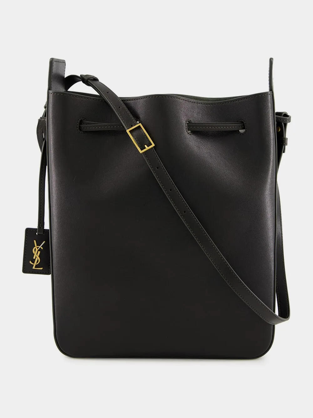 Black Leather Large Bucket Bag with Cassandre Charm