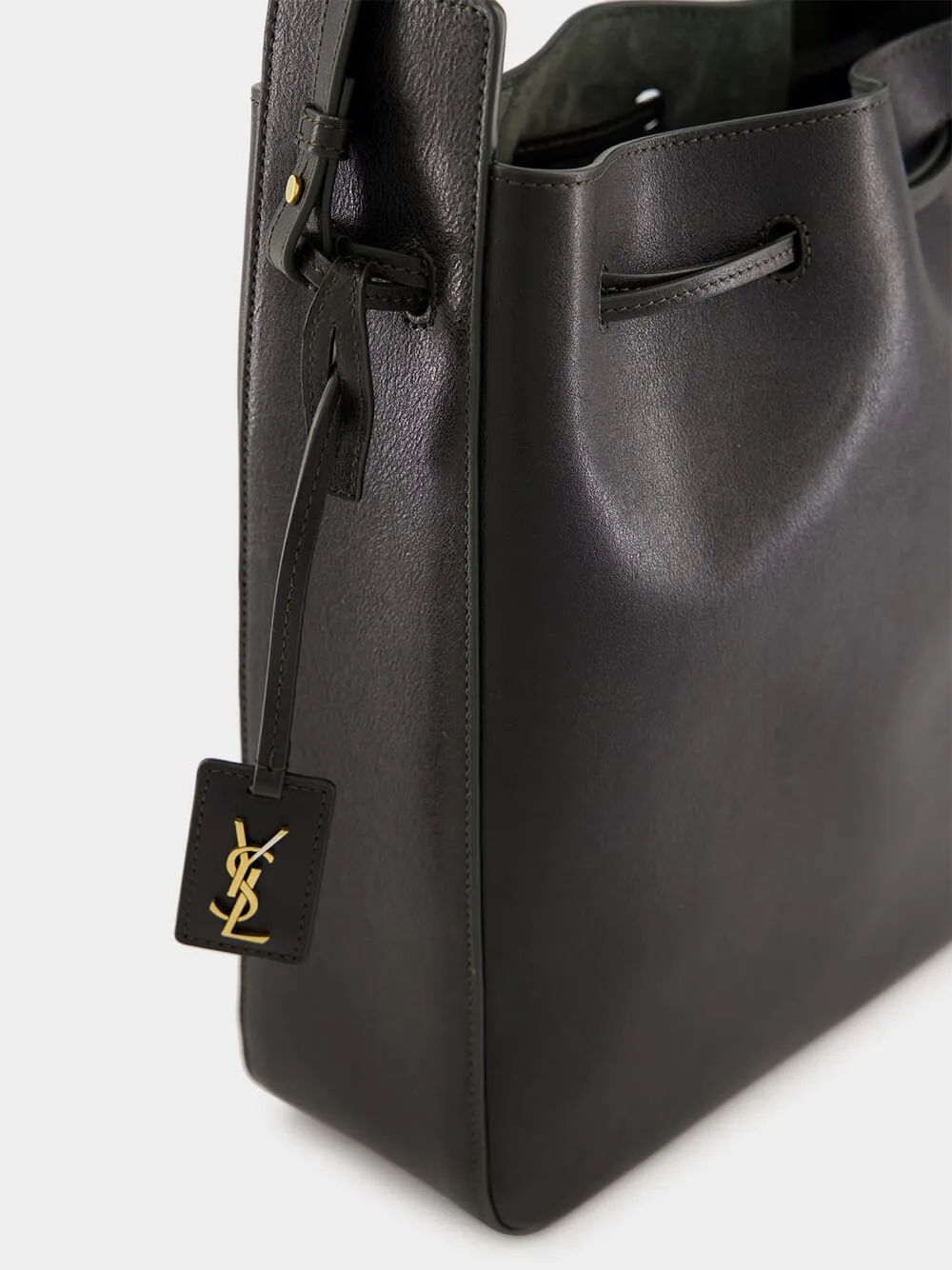 Black Leather Large Bucket Bag with Cassandre Charm