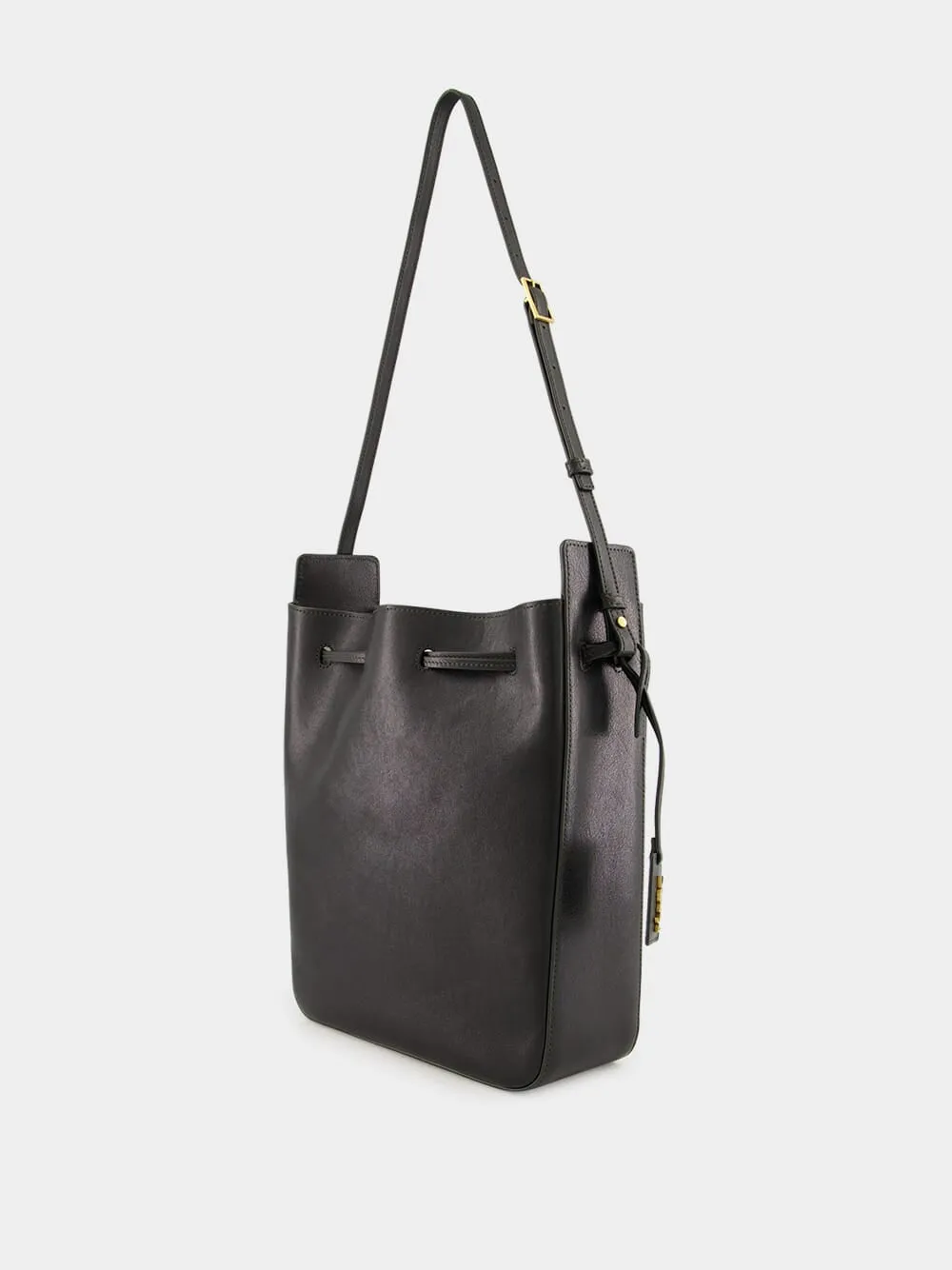 Black Leather Large Bucket Bag with Cassandre Charm