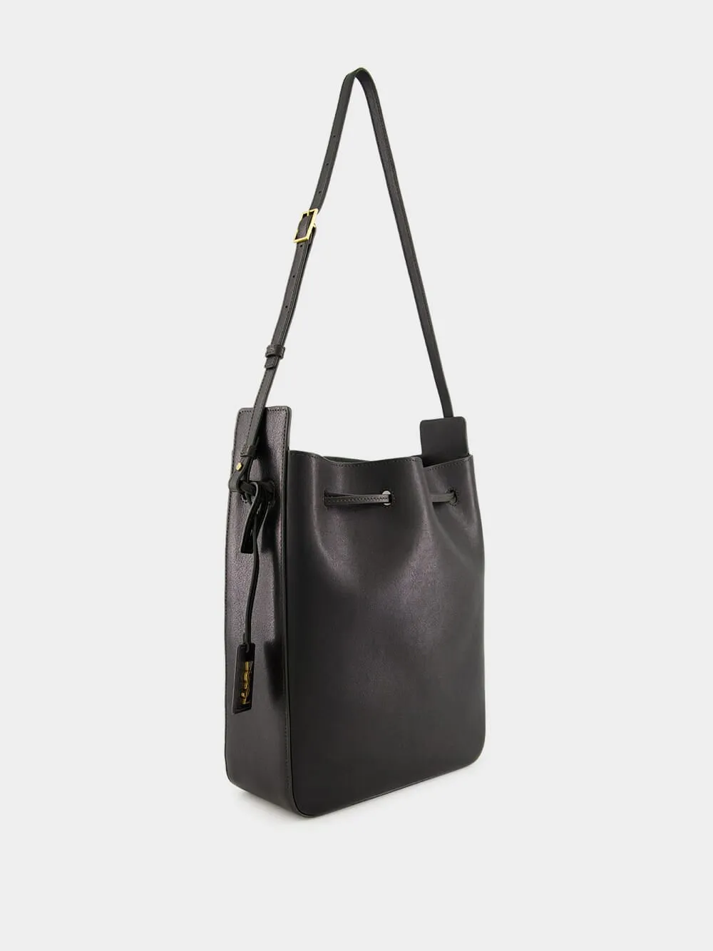 Black Leather Large Bucket Bag with Cassandre Charm
