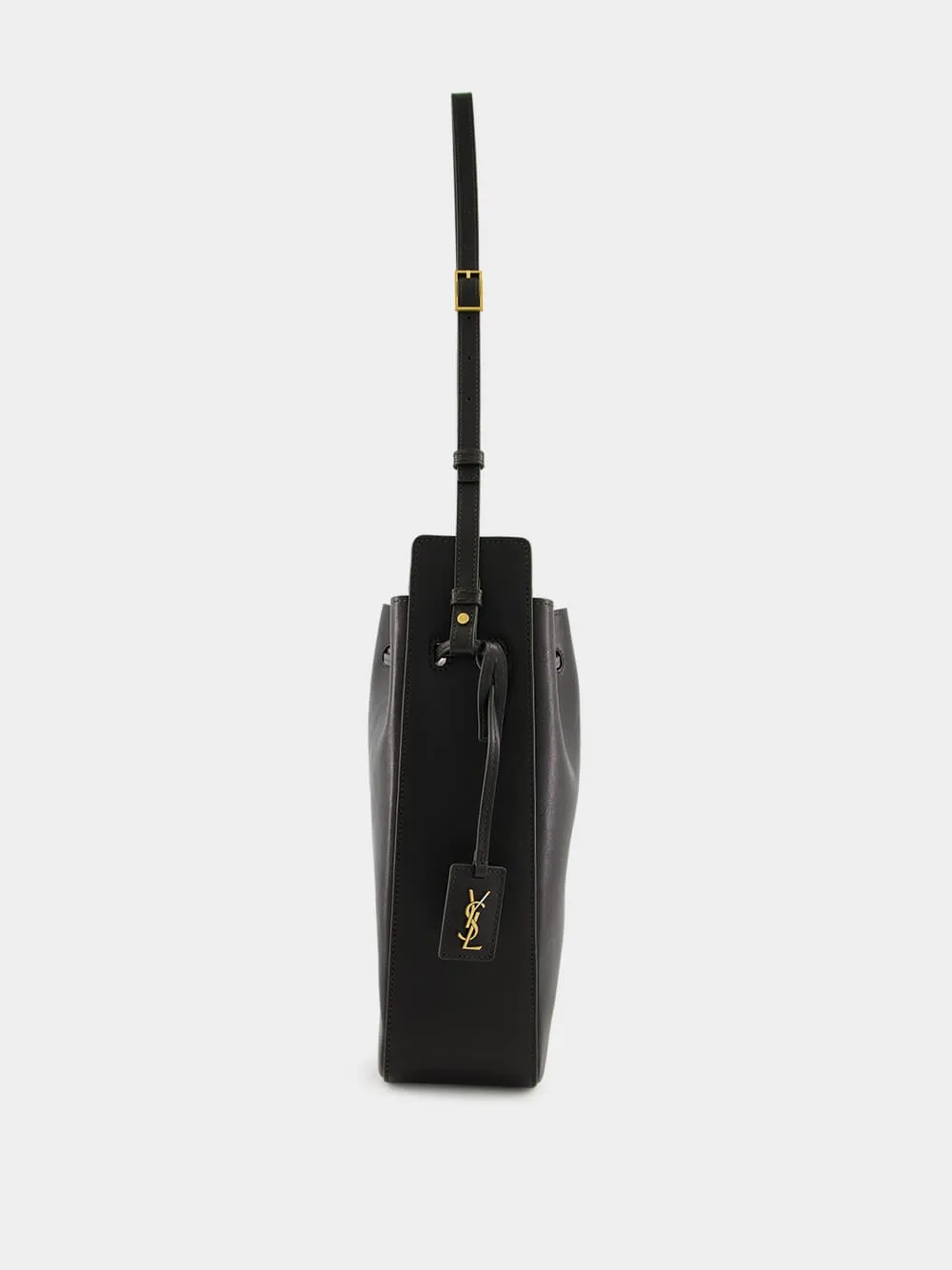 Black Leather Large Bucket Bag with Cassandre Charm
