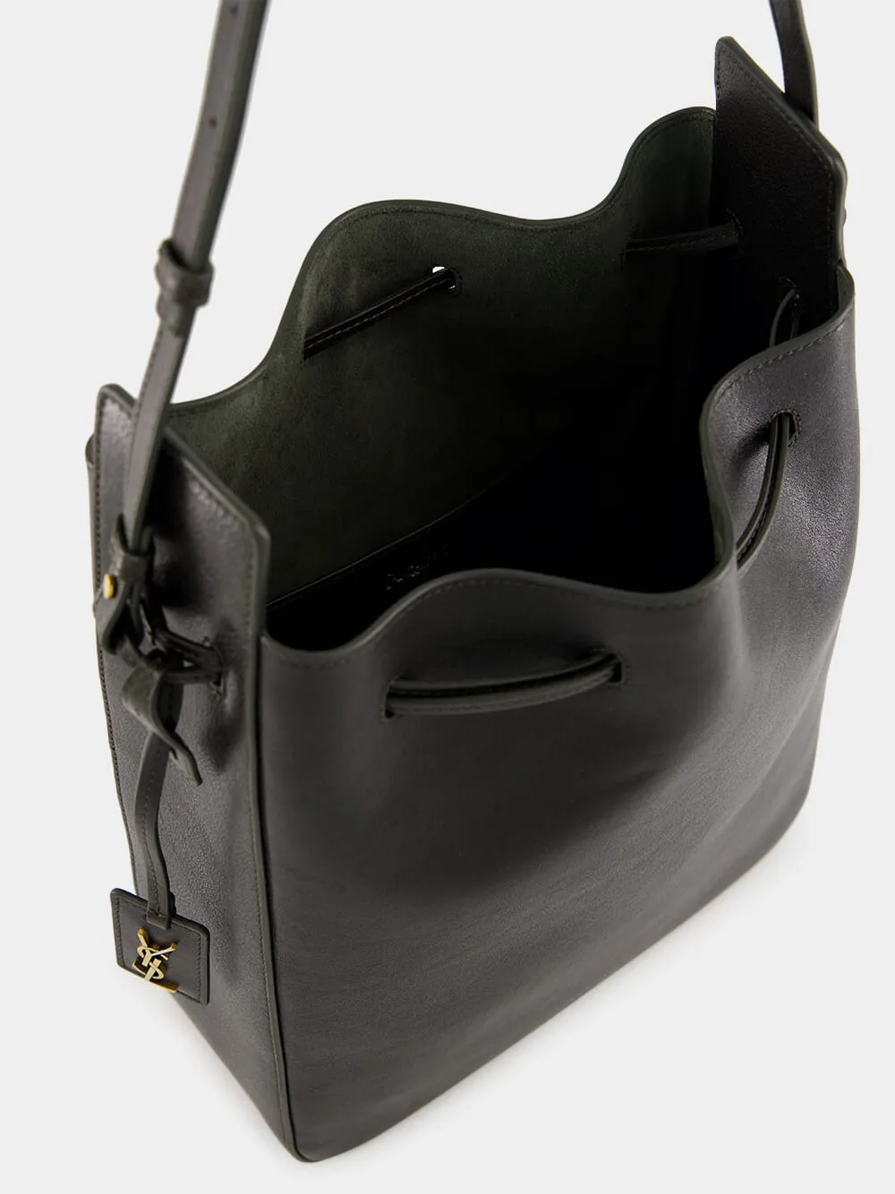 Black Leather Large Bucket Bag with Cassandre Charm