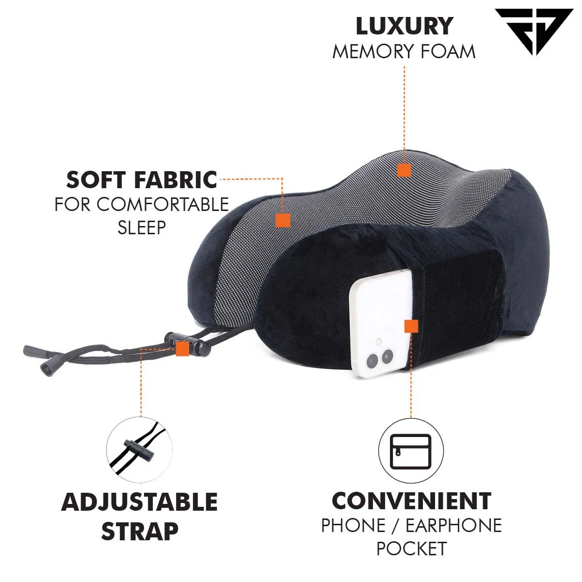 Black Memory Foam Travel Neck Support Pillow, Eye Mask, Noise Isolating EarPlugs Combo