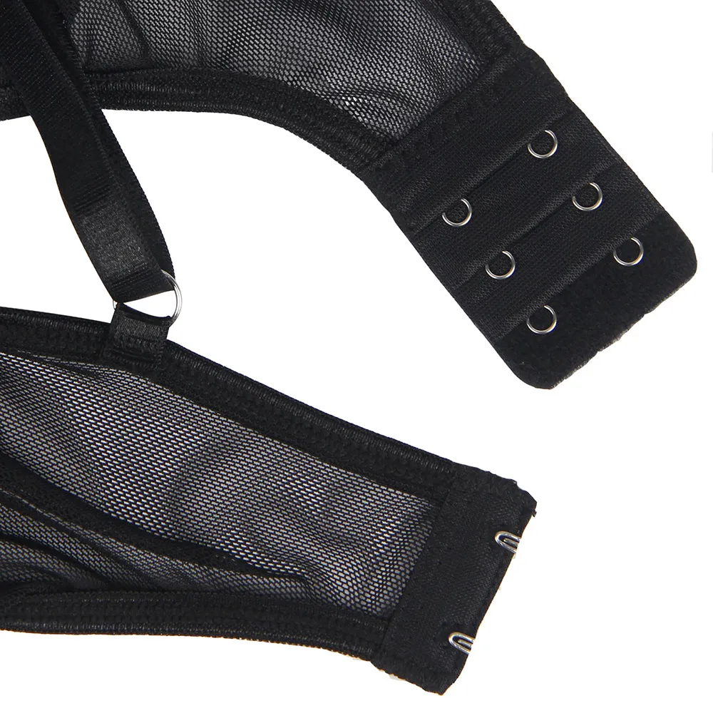 Black PU Leather Egypt Sexy Lace Hollow Out Bodysuit