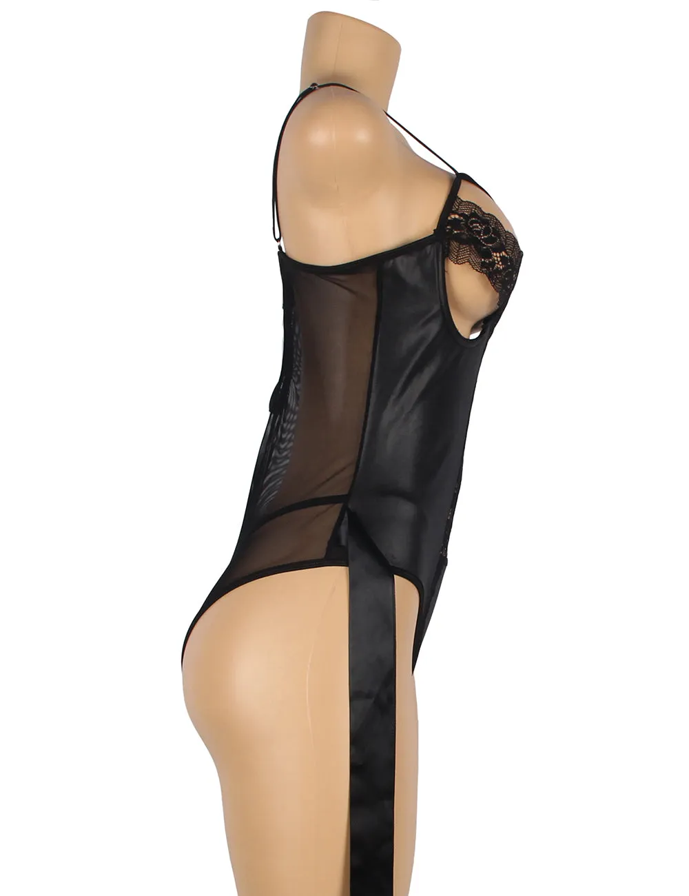 Black PU Leather Egypt Sexy Lace Hollow Out Bodysuit