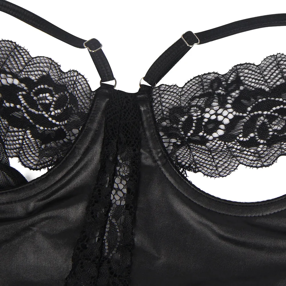 Black PU Leather Egypt Sexy Lace Hollow Out Bodysuit