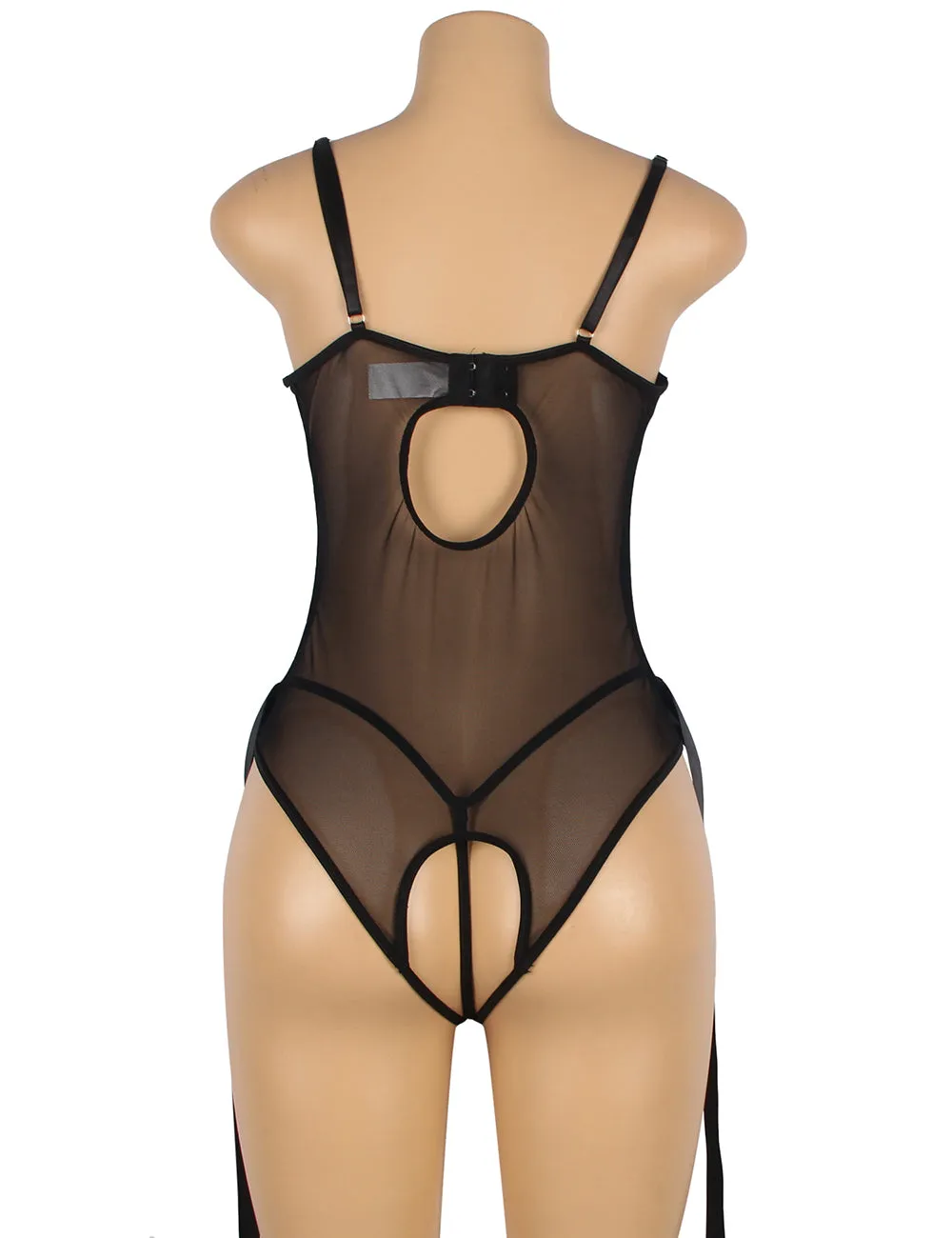 Black PU Leather Egypt Sexy Lace Hollow Out Bodysuit