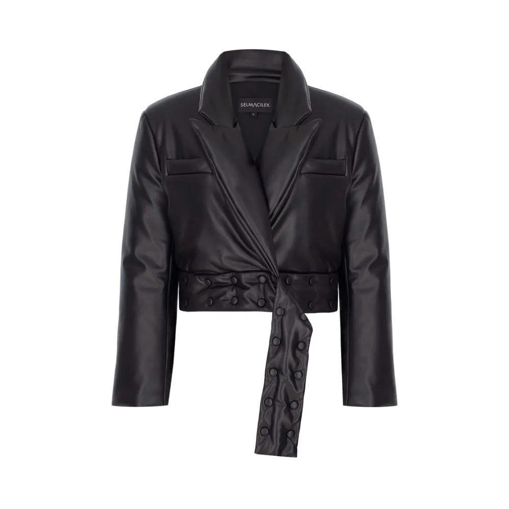 Black Vegan-Leather Belt-Detailed Puffer Coat
