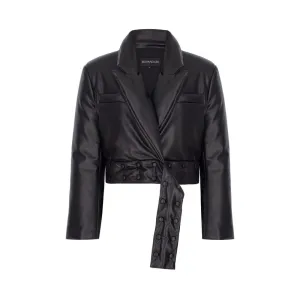 Black Vegan-Leather Belt-Detailed Puffer Coat