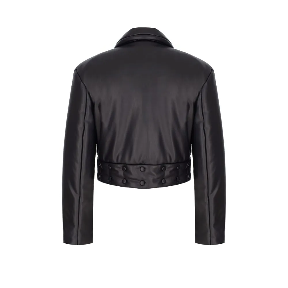 Black Vegan-Leather Belt-Detailed Puffer Coat