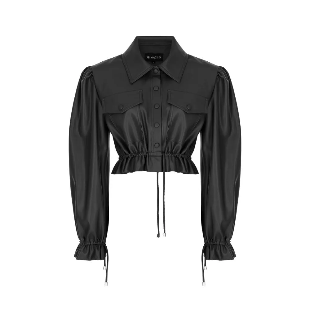 Black Vegan-Leather  Tie-Detailed Crop Jacket