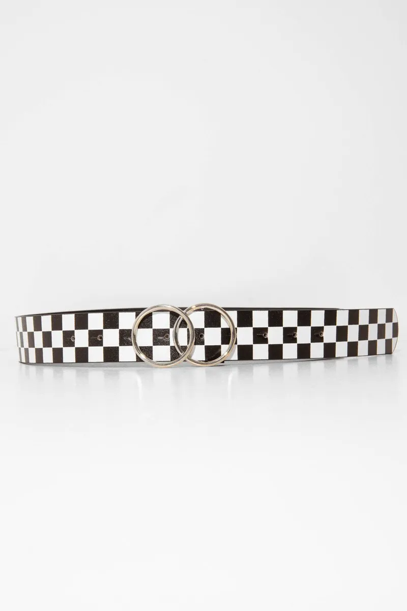 Black White Check PU Double Circle Buckle Belt - Tansy