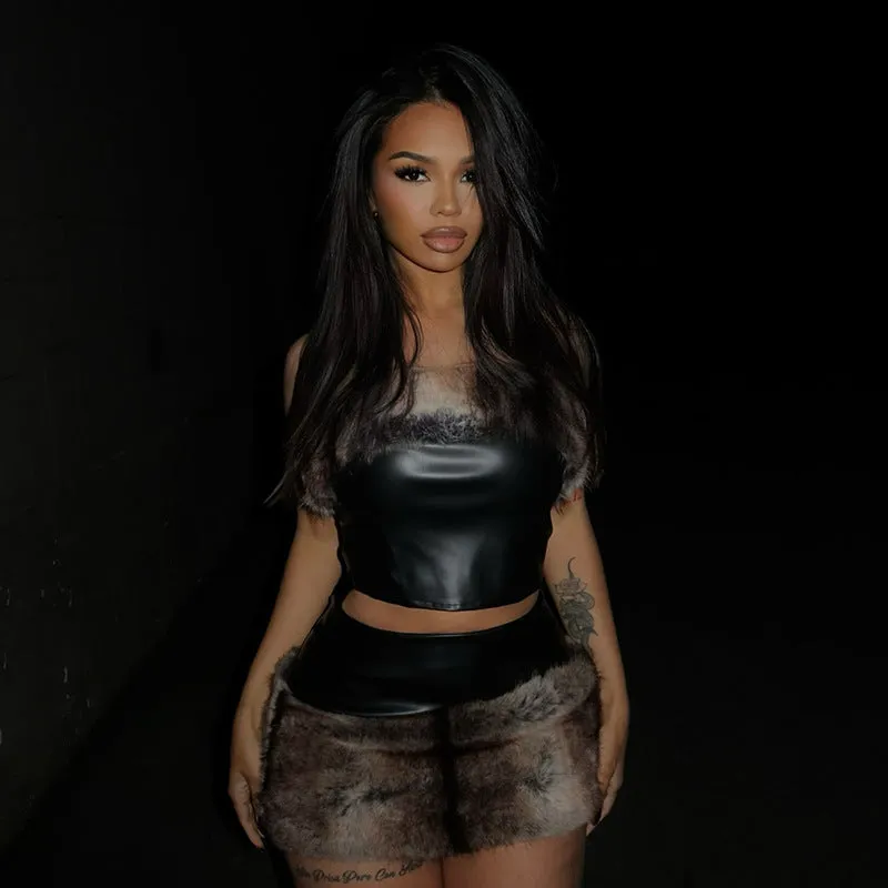 Bold Faux Fur and Leather Strapless Two-Piece Set
