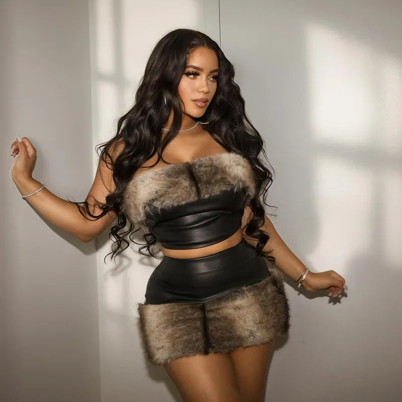 Bold Faux Fur and Leather Strapless Two-Piece Set