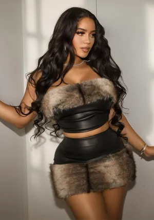 Bold Faux Fur and Leather Strapless Two-Piece Set