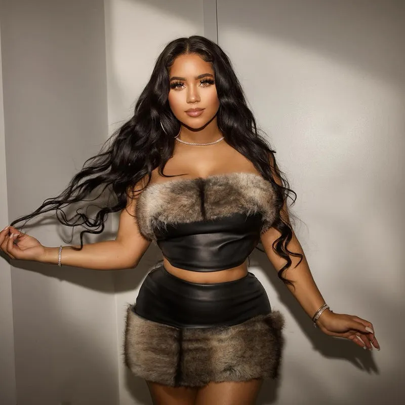 Bold Faux Fur and Leather Strapless Two-Piece Set