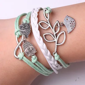 Brand new Rope Bracelet Green and White Owl Bracelet Leather Braided Bracelet. Material: Alloy, PU Leather, Wax String. Size: Length is about 17cm-22cm