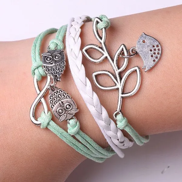 Brand new Rope Bracelet Green and White Owl Bracelet Leather Braided Bracelet. Material: Alloy, PU Leather, Wax String. Size: Length is about 17cm-22cm