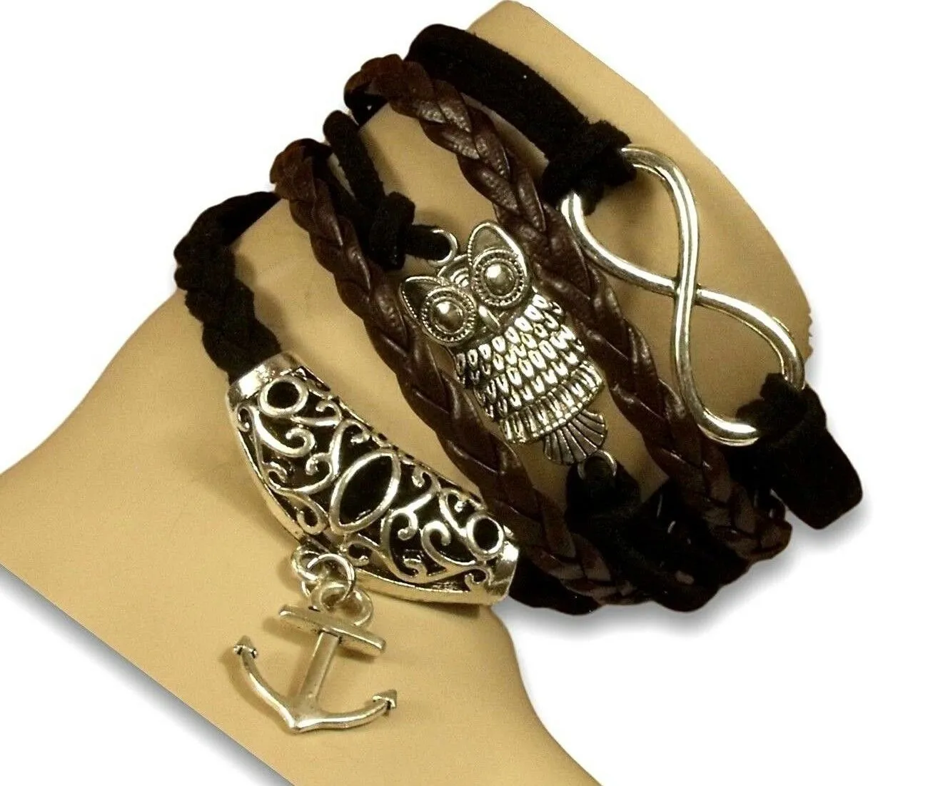 Brand new Trendy Women's Multilayered Brown Black Leather Charm Silver Infinite Owl Anchor Charm Leather Braided Bracelet. Material: Alloy, PU Leather, Wax String. Size: Length is about 17cm-22cm