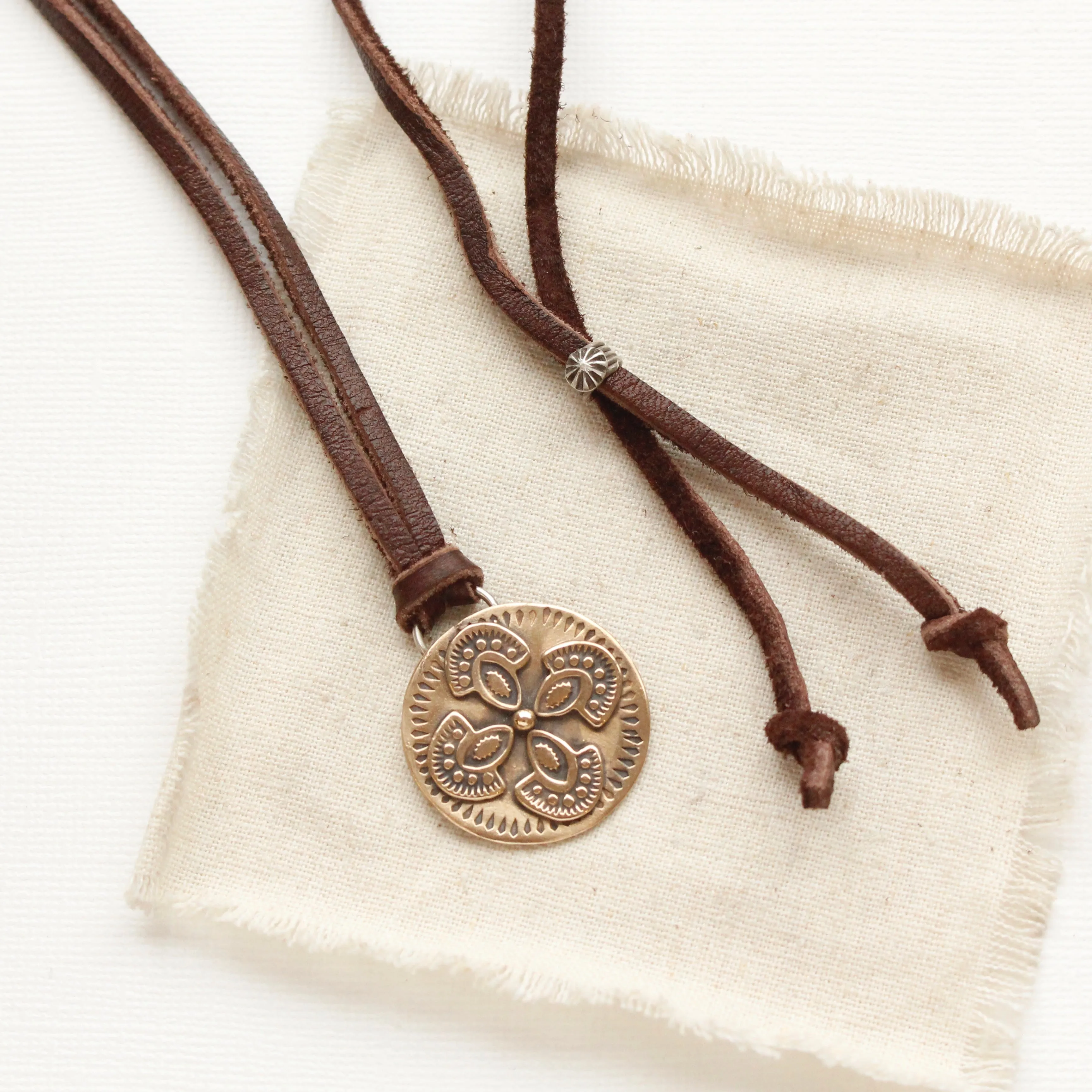 Bronze Wanderer Medallion Adjustable Leather Necklace