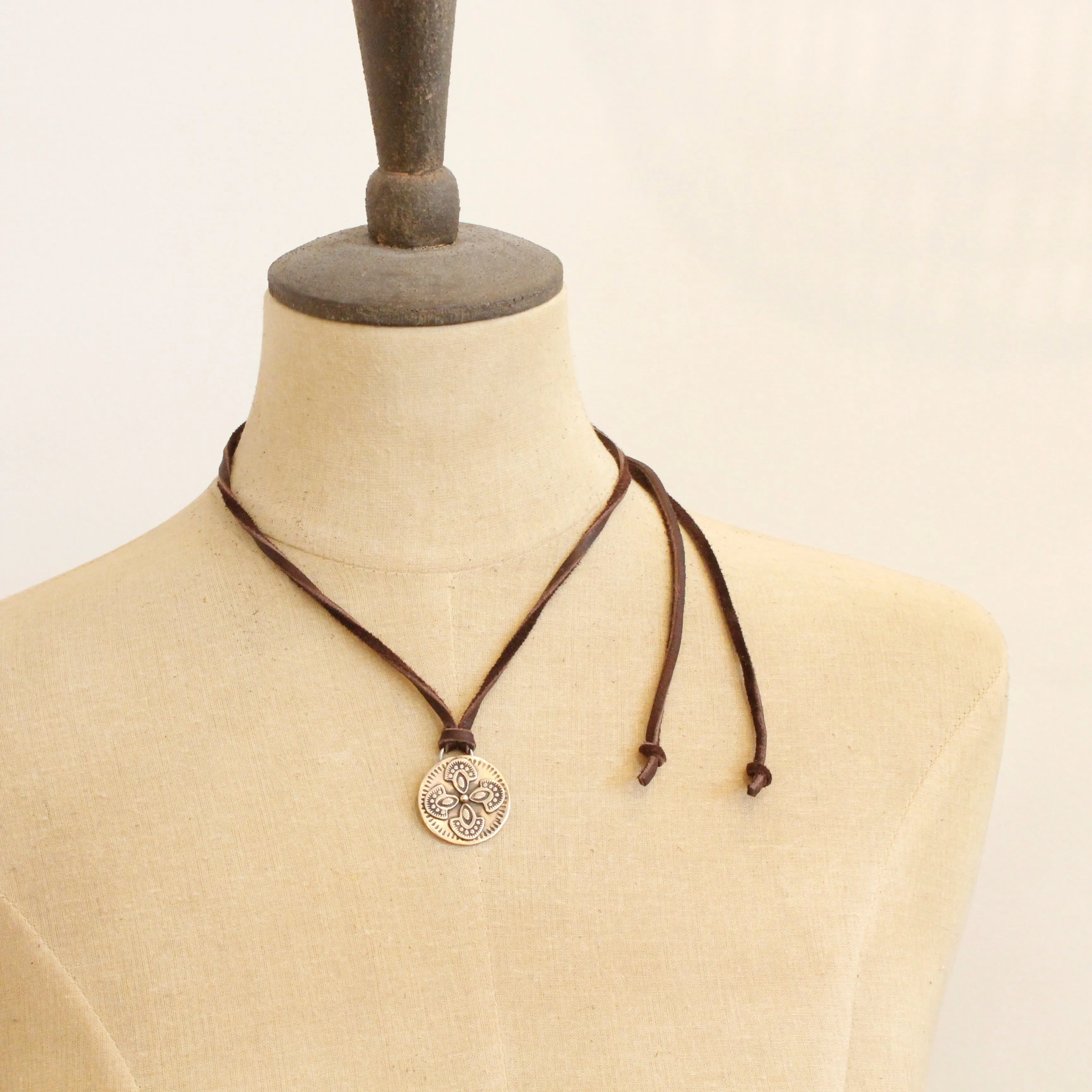 Bronze Wanderer Medallion Adjustable Leather Necklace
