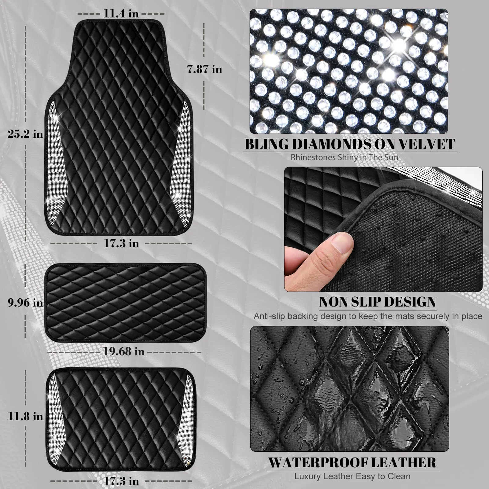 CAR PASS Leather Car Mats, Shining Diamond Anti Slip Floor Mats for Women, 5pcs Black Silver