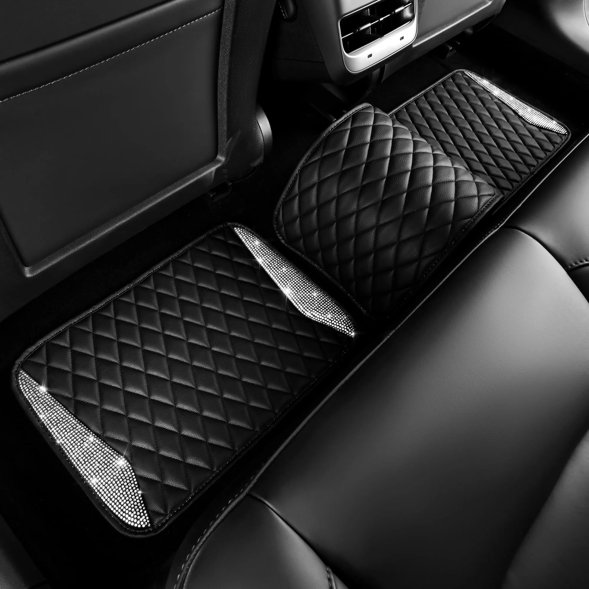 CAR PASS Leather Car Mats, Shining Diamond Anti Slip Floor Mats for Women, 5pcs Black Silver
