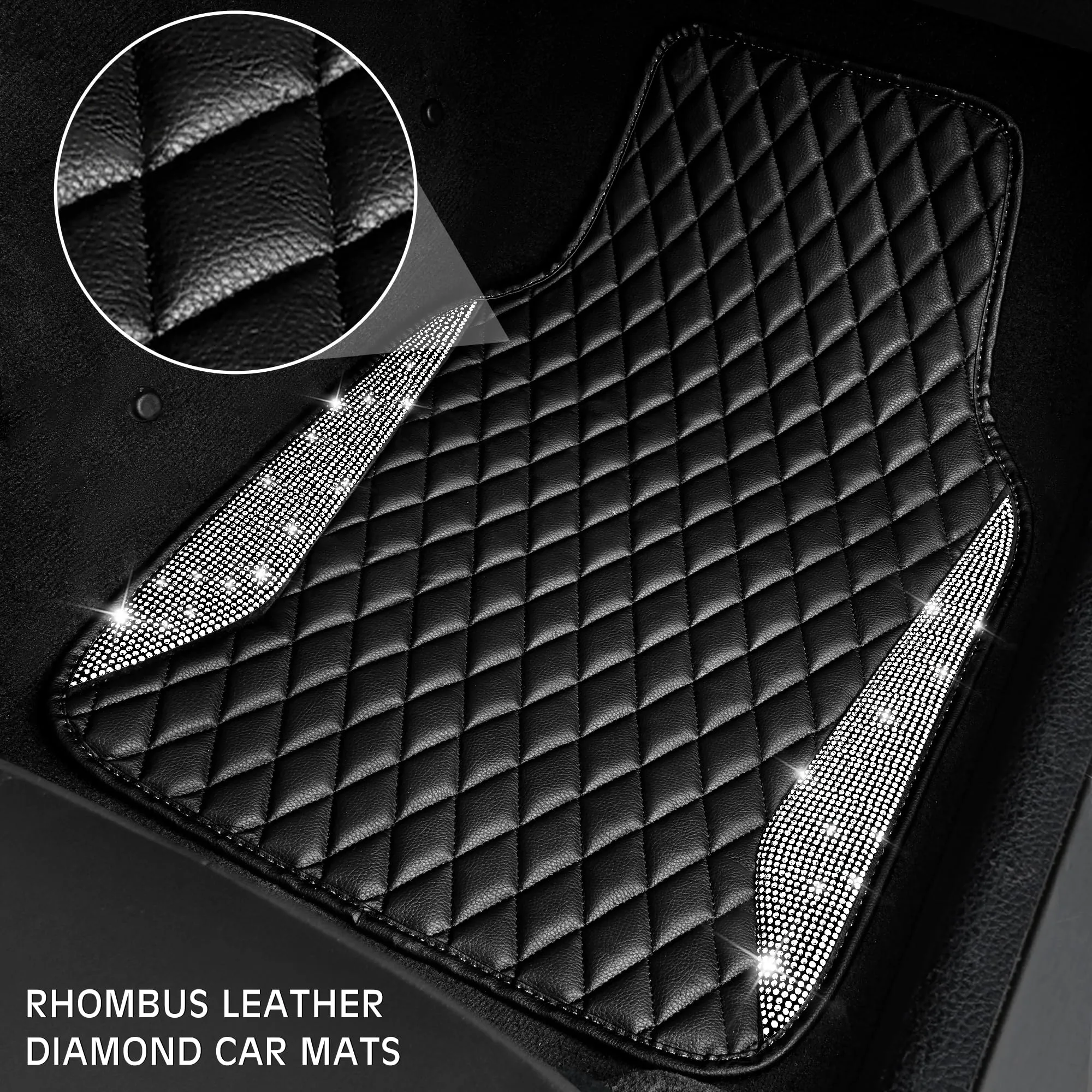CAR PASS Leather Car Mats, Shining Diamond Anti Slip Floor Mats for Women, 5pcs Black Silver