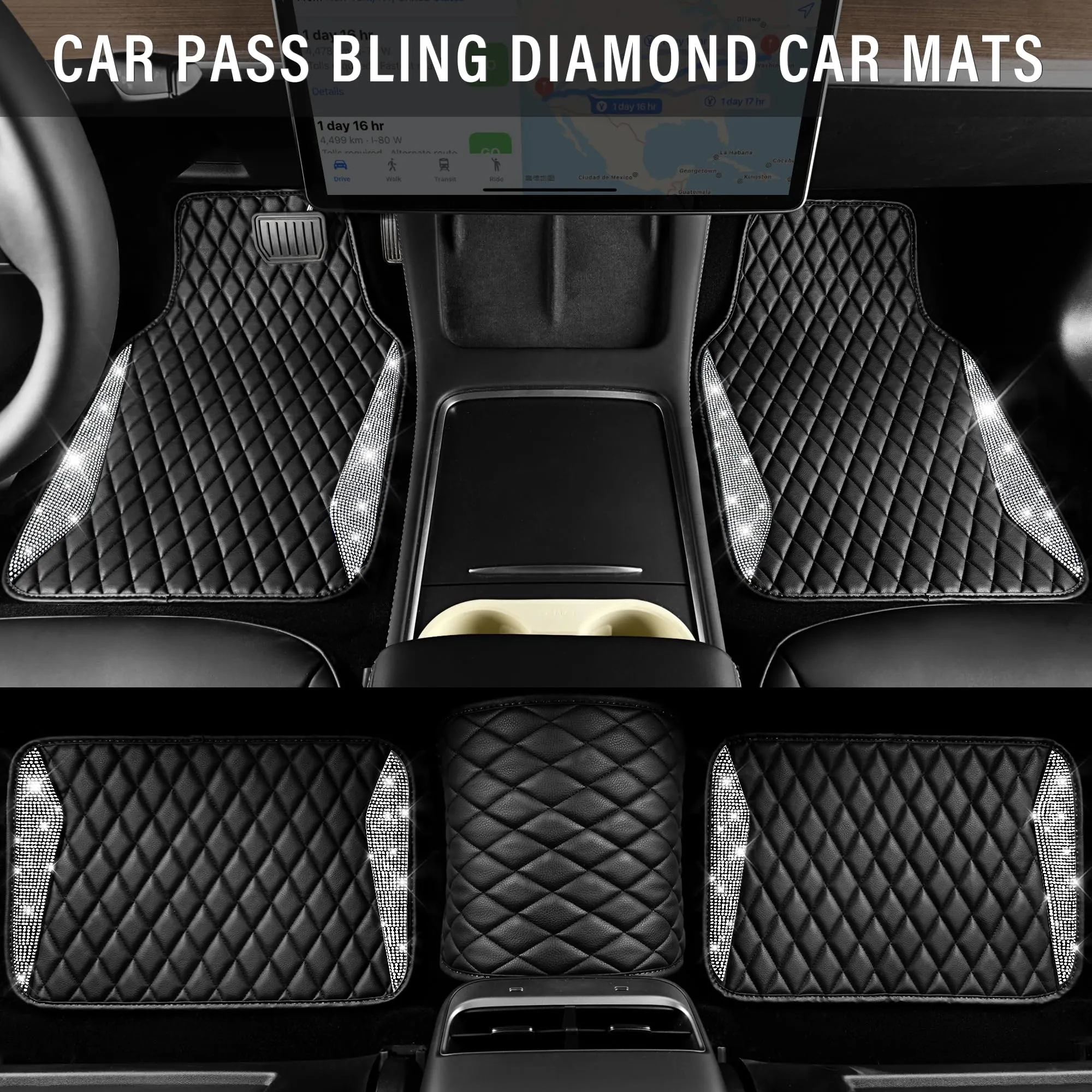 CAR PASS Leather Car Mats, Shining Diamond Anti Slip Floor Mats for Women, 5pcs Black Silver
