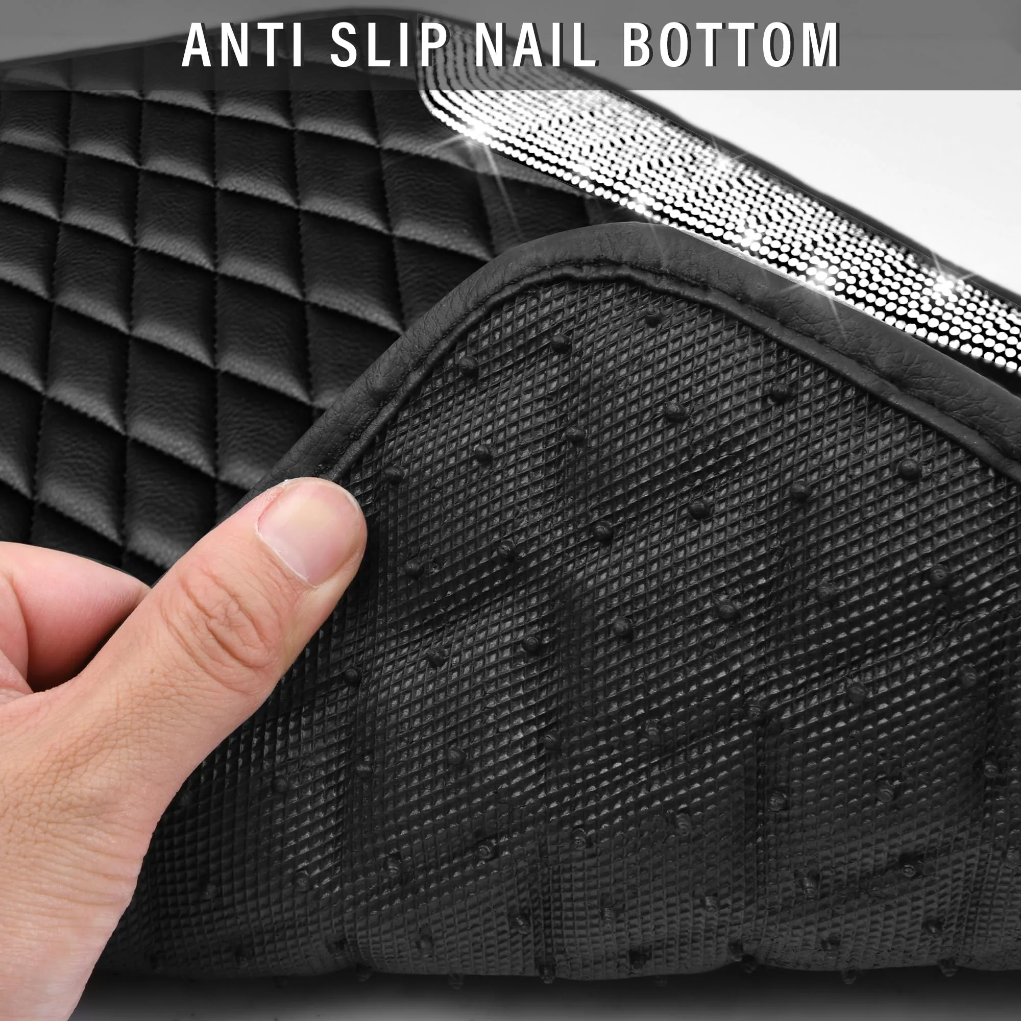 CAR PASS Leather Car Mats, Shining Diamond Anti Slip Floor Mats for Women, 5pcs Black Silver