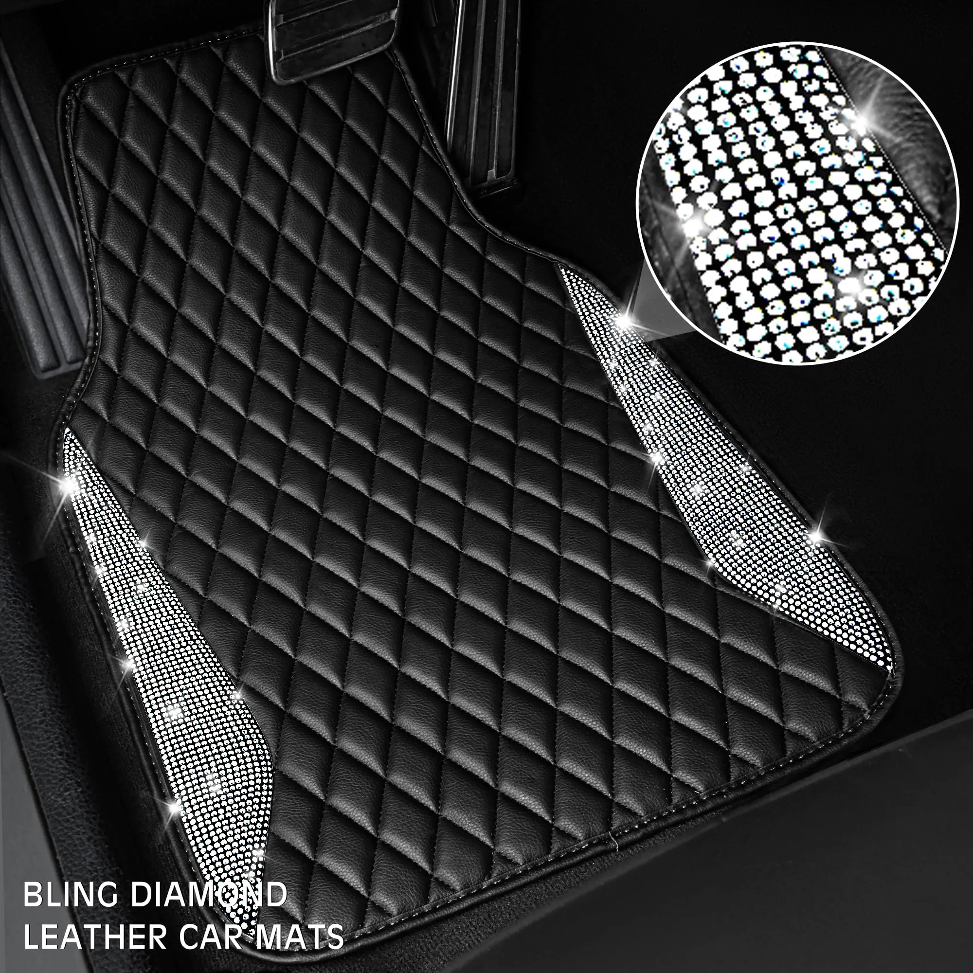 CAR PASS Leather Car Mats, Shining Diamond Anti Slip Floor Mats for Women, 5pcs Black Silver